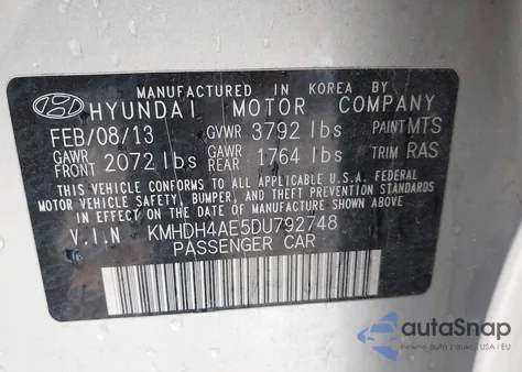 2013 Hyundai Elantra Gls z USA, uszkodzony, nr VIN KMHDH4AE5DU792748